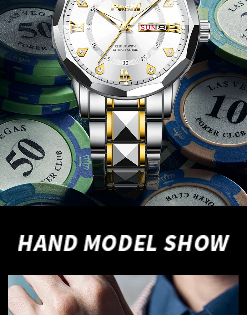 POSHI Men's Watch Date Week Fashion Watch Men Original Waterproof Non-mechanical Luminous Dual Calendar Quartz Wristwatch Brief Boxers