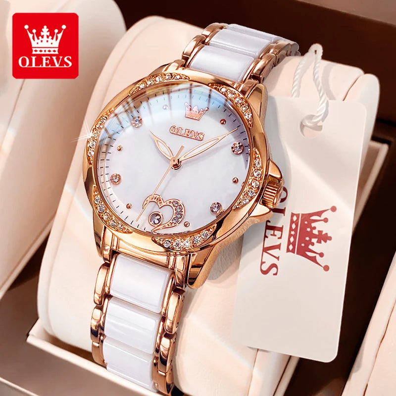 OLEVS 6631 Luxury Date Mechanical Watch For Women Original Ceramic Steel Strap Woman Wristwatch Deep Waterproof Dress Watches Brief Boxers