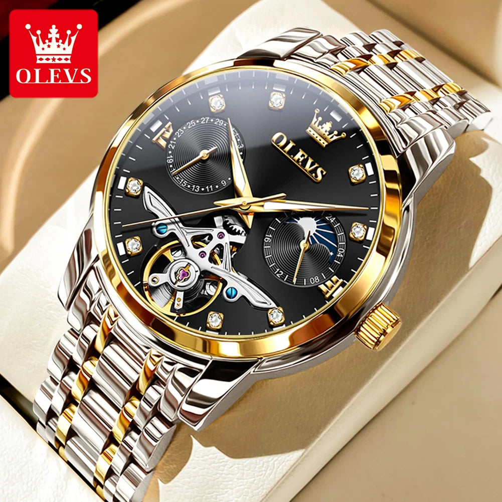 OLEVS 6703 Diamond Scale Luxury Mechanical Man Wristwatch Hollow Skeleton Luminous Waterproof Watch For Men Moon Phase Watches Brief Boxers