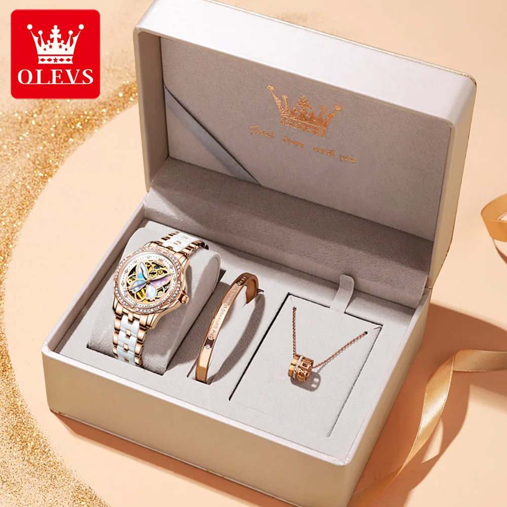 OLEVS 6615 Hollow Dress Mechanical Watch For Women Butterfly Dial Luminous Fashion Wristwatch Deep Waterproof Woman Watches Brief Boxers