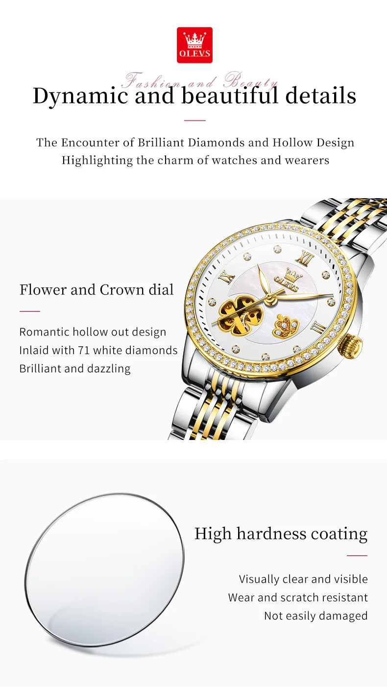 OLEVS 6706 Diamond Scale Luxury Woman Automatic Watch Hollow Mechanical Luminous Watch For Women Classic Waterproof Wristwatch Brief Boxers