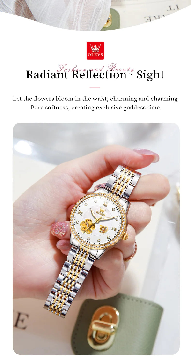 OLEVS 6706 Diamond Scale Luxury Woman Automatic Watch Hollow Mechanical Luminous Watch For Women Classic Waterproof Wristwatch Brief Boxers