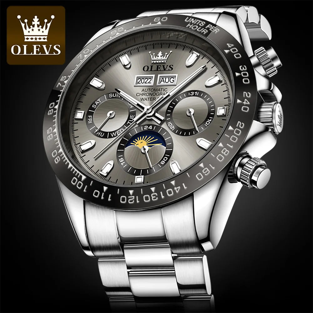 OLEVS 6654 Moon Phase Fashion Mechanical Watch For Men Auto Date Stainless Steel Dress Wristwatch Waterproof Luminous Man Watch Brief Boxers