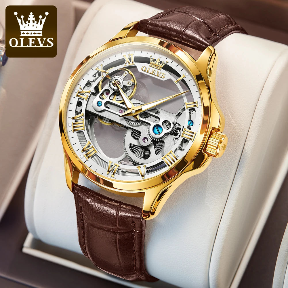 OLEVS 6661 Top Brand Automatic Mechanical Watch For Men Hollow Skeleton Roman Scale Man Watches Waterproof Business Wrist Watch Brief Boxers