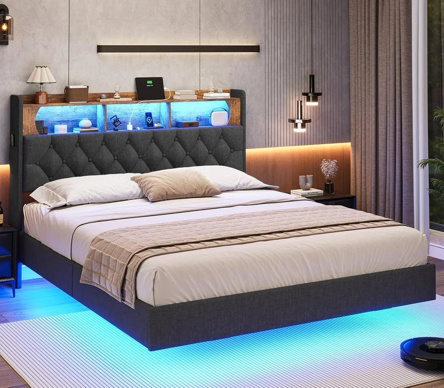 Floating Bed Frame, Floating Platform Bed with Charging Station with LED Lights & Storage Headboard, Modern LED Floating Bed