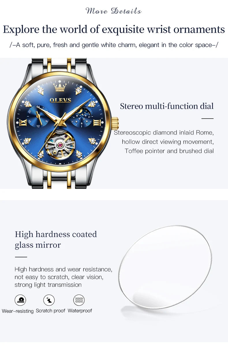 OLEVS 6608 Moonswatch Mechanical Watch For Women Hollow Original Diamond Luxury Wristwatch Waterproof Top Brand Woman Watches Brief Boxers