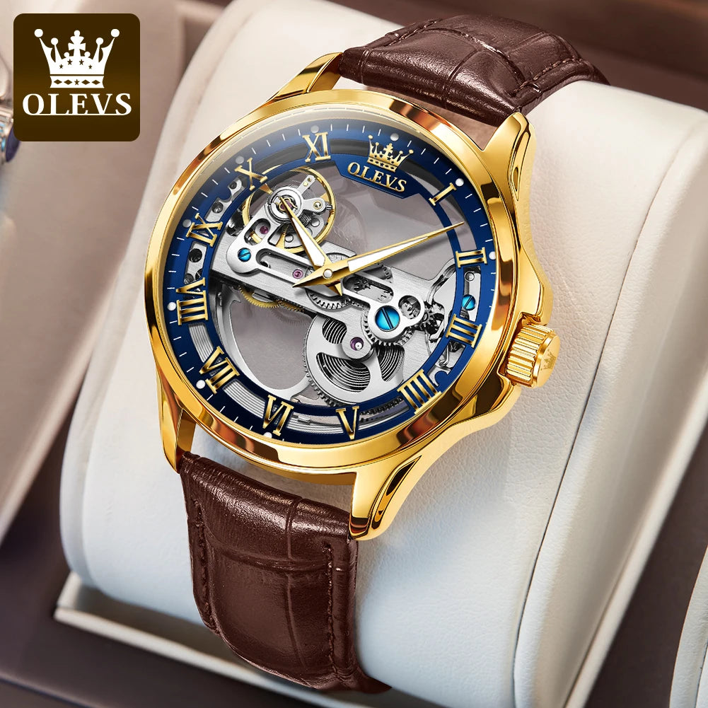 OLEVS 6661 Top Brand Automatic Mechanical Watch For Men Hollow Skeleton Roman Scale Man Watches Waterproof Business Wrist Watch Brief Boxers