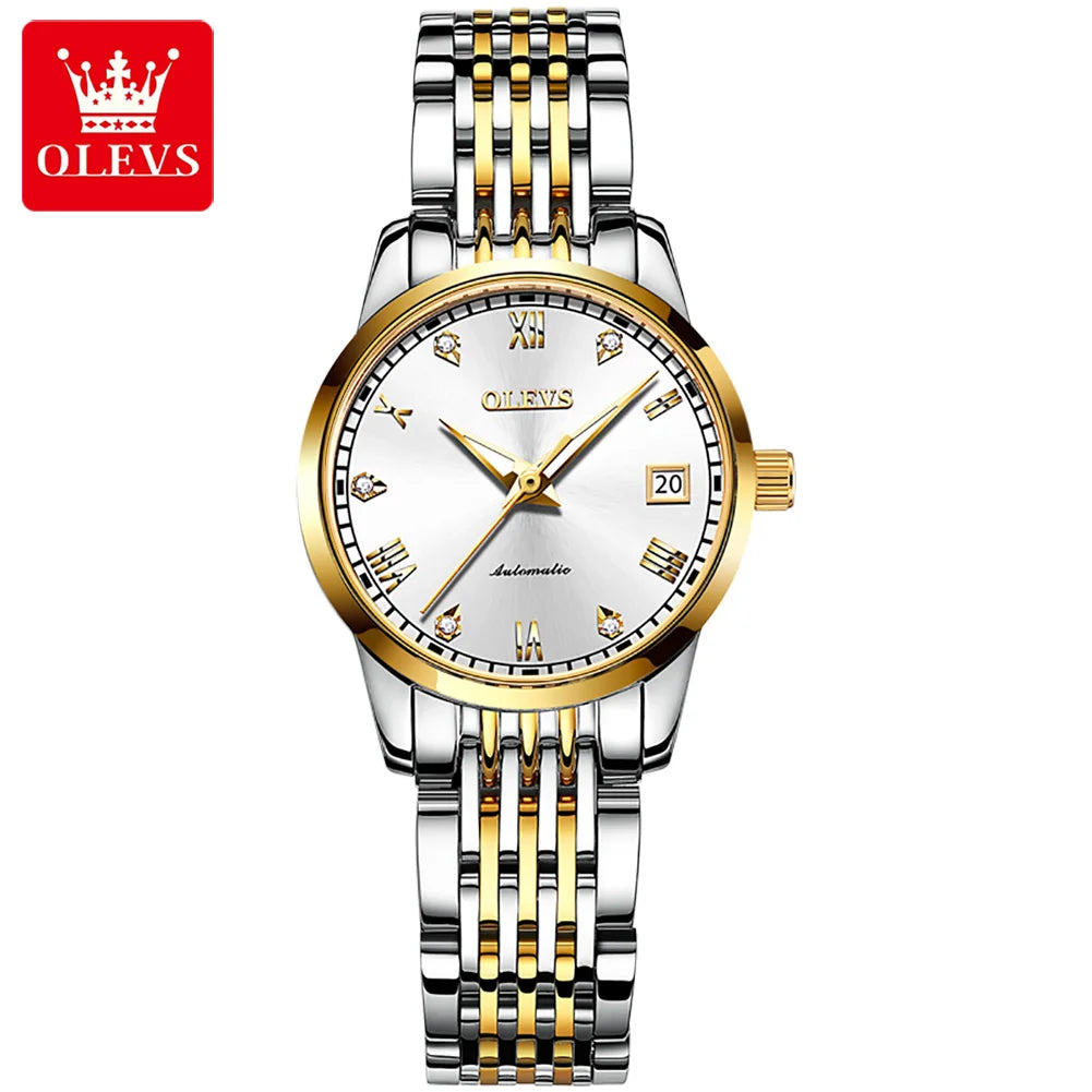 OLEVS 6602 Roman Scale Original Mechanical Watch For Women Auto Date Stainless Steel Wristwatch Luxury Waterproof Diamond Watch Brief Boxers