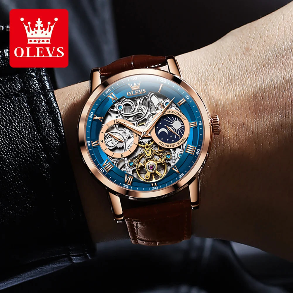 OLEVS 6670 Moon Phase Mechanical Watch For Men 44mm Big Dial Luxury Original Top Brand Man Watch Hollow Skeleton Leather Watches Brief Boxers