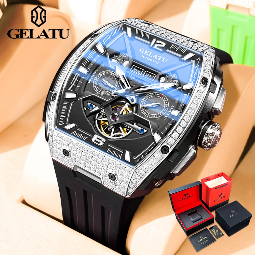 GELATU 6016 Diamond Hollow Man Mechanical Wristwatch Auto Date Deep Waterproof Watch For Men Luxury Silicone Strap Dress Watches Brief Boxers