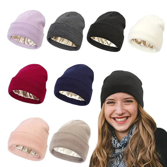 Unisex Satin Lined Anti Static Beanie Hat For Women Winter Silk Lining Slouchy Warm Cuffed 2Layer Hair Cover Sleep Cap Brief Boxers