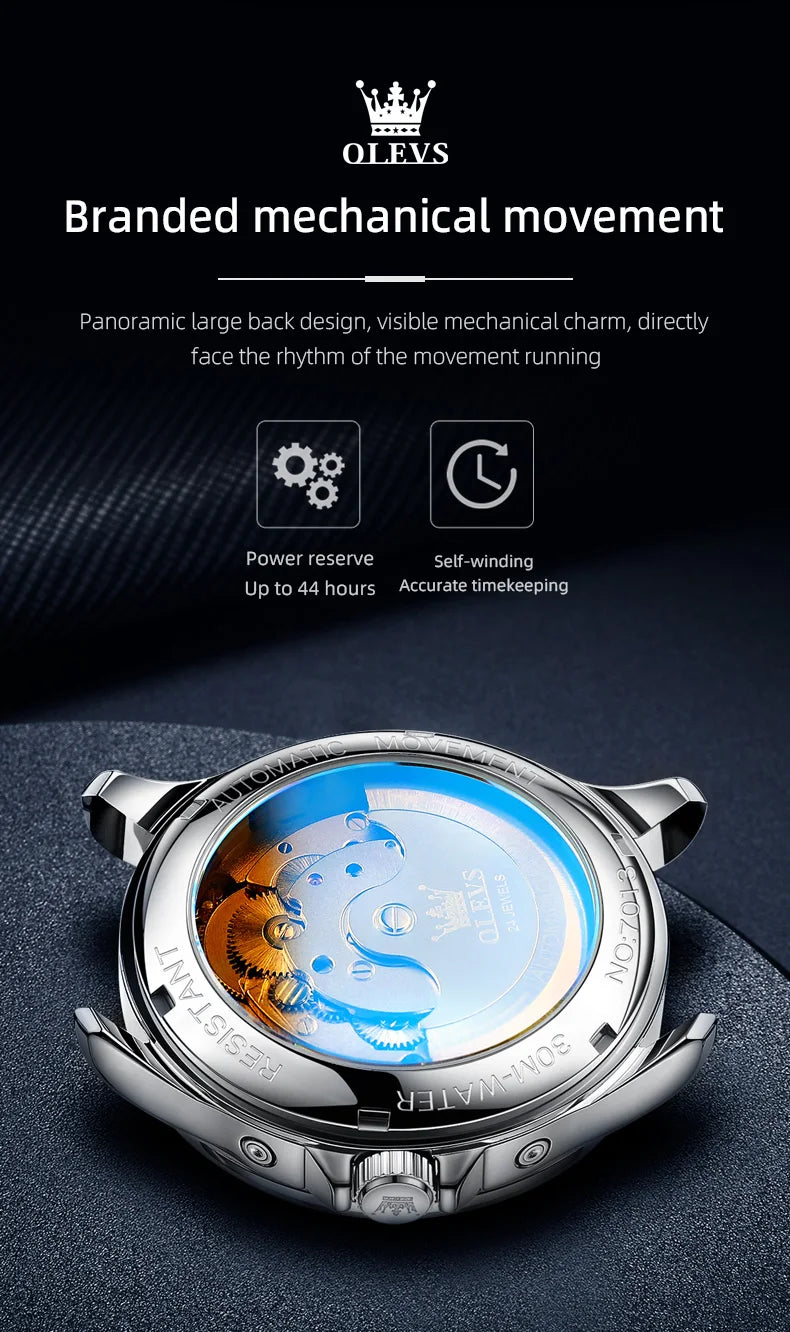 OLEVS Flywheel Skeleton Watch for Men Automatic Mechanical Wristwatch Roman Dial Moon Phase Calendar Waterproof Men's Watches Brief Boxers