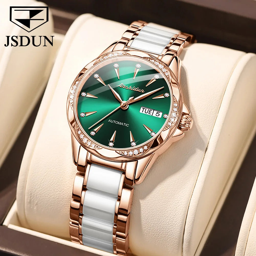 JSDUN 8821 Dual Calendar Mechanical Watch For Women Ceramic Steel Strap Luxury Wristwatch Sapphire Mirror Waterproof Woman Watch Brief Boxers