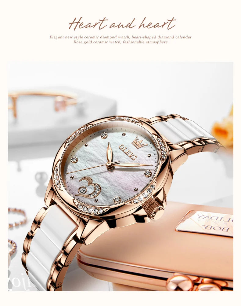 OLEVS 6631 Luxury Date Mechanical Watch For Women Original Ceramic Steel Strap Woman Wristwatch Deep Waterproof Dress Watches Brief Boxers