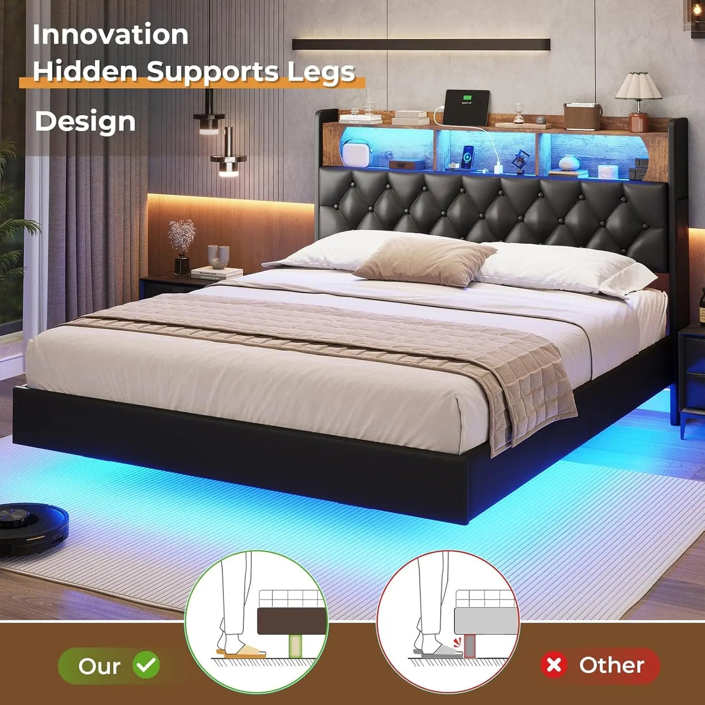 Floating Bed Frame, Floating Platform Bed with Charging Station with LED Lights & Storage Headboard, Modern LED Floating Bed