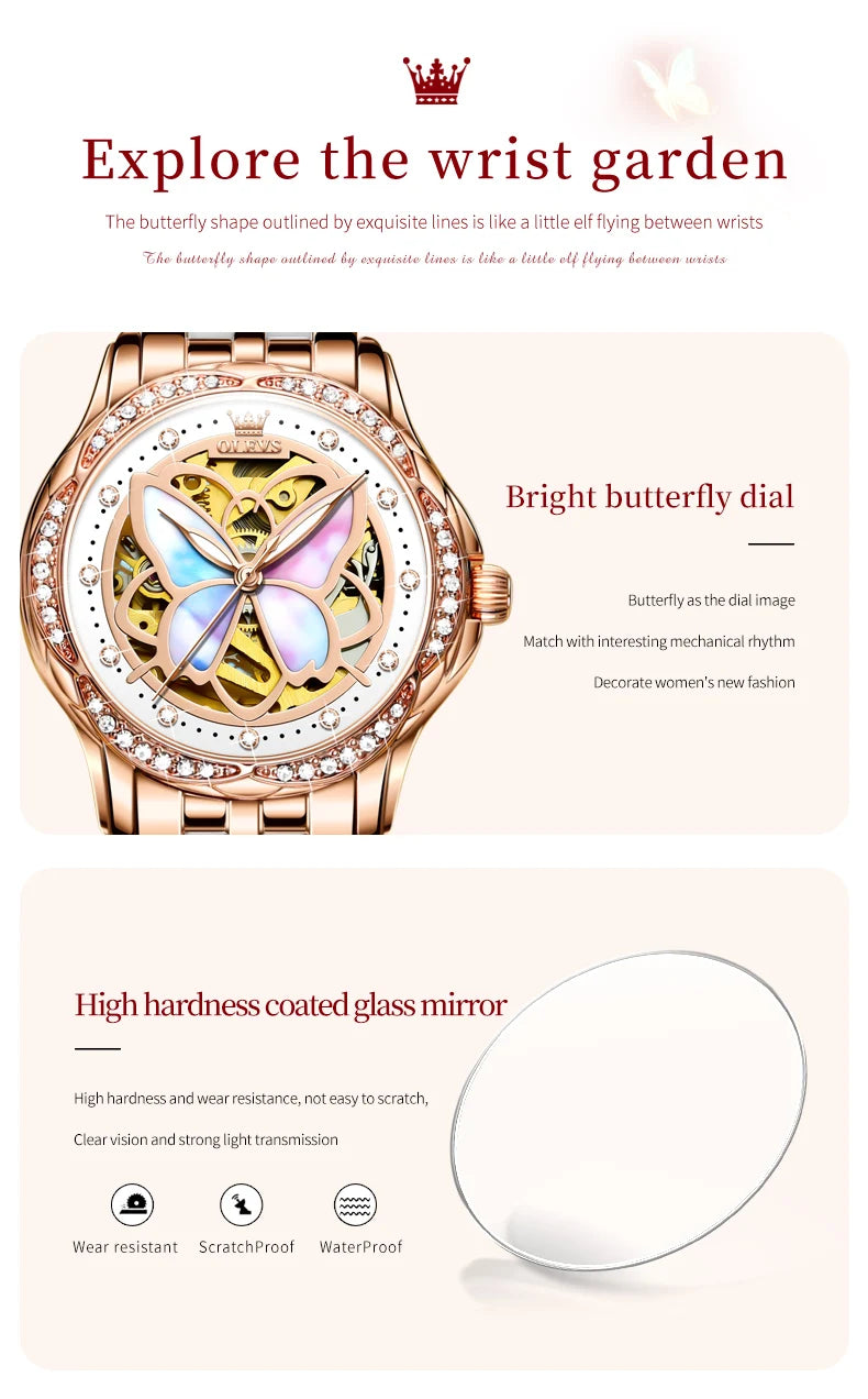 OLEVS 6615 Hollow Dress Mechanical Watch For Women Butterfly Dial Luminous Fashion Wristwatch Deep Waterproof Woman Watches Brief Boxers