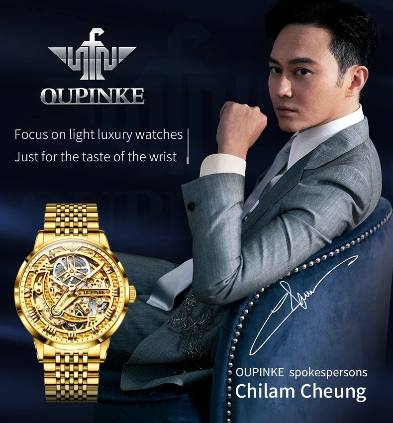 OUPINKE 3173 Luxury Gold Mechanical Watch For Men Hollow Top Brand Original Automatic Wristwatch 50M Waterproof Luminous Watches Brief Boxers