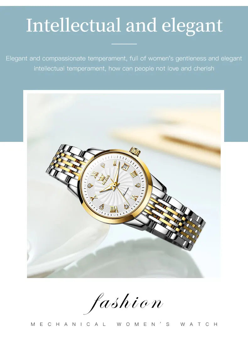 OLEVS 6630 Auto Date Mechanical Watch For Women Stainless Steel Luminous Fashion Wristwatch Roman Scale Waterproof Woman Watches Brief Boxers