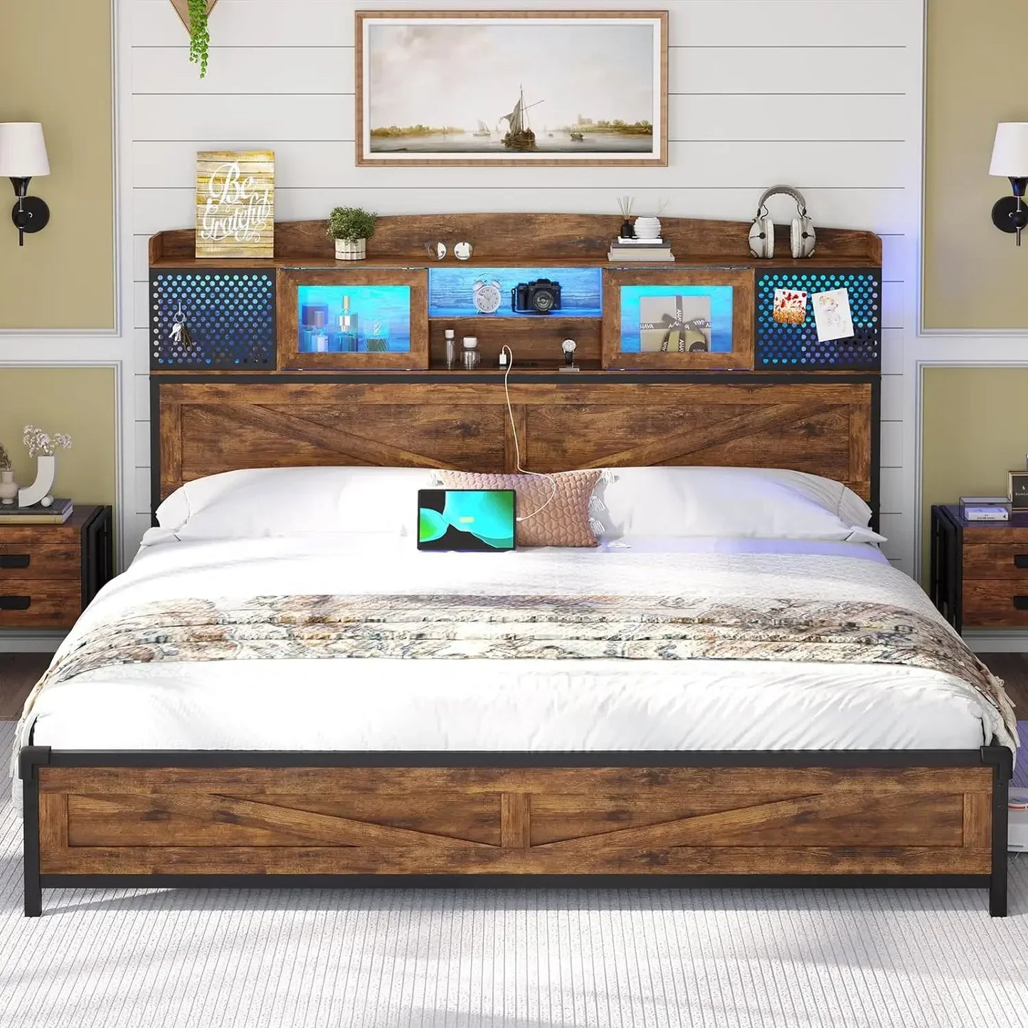 Bed Frame with Headboard Storage & Charging Station, LED Bed Frame Full/Queen/King Size with Shelves & Sliding Doors