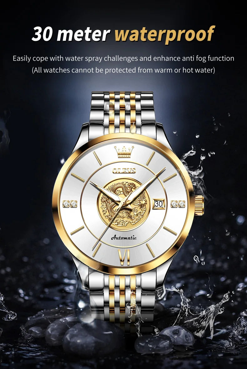 OLEVS 6693 Top Brand Dragon Mechanical Watch For Men Waterproof Automatic Dress Wrist Watches 42.5mm Big Dial Calendar Man Watch Brief Boxers