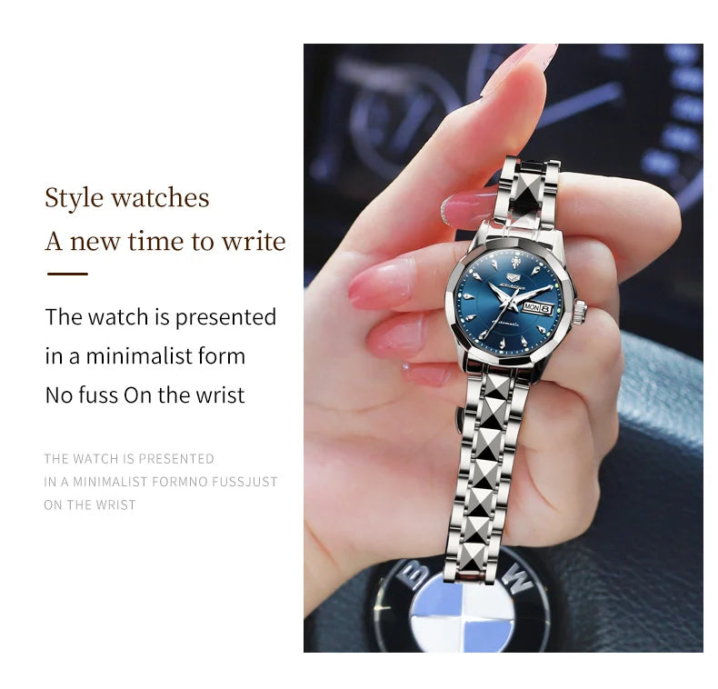 JSDUN 8936 Original Elegant Mechanical Woman Wristwatch Week Date Display Automatic Watch For Women Luxury Waterproof Watches Brief Boxers