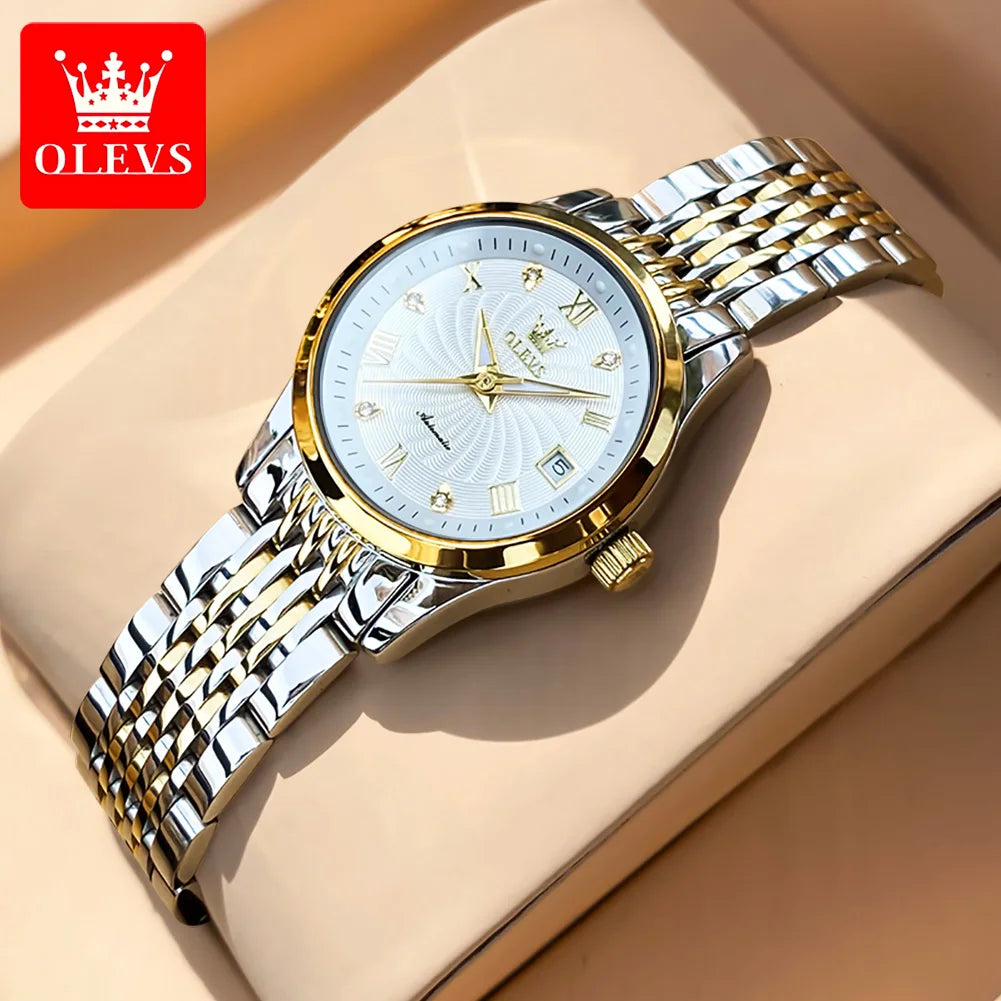 OLEVS 6630 Auto Date Mechanical Watch For Women Stainless Steel Luminous Fashion Wristwatch Roman Scale Waterproof Woman Watches Brief Boxers