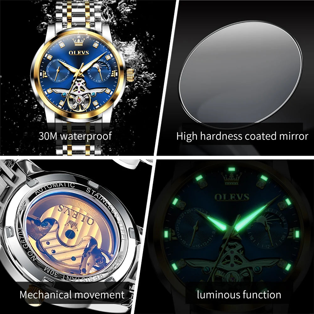 OLEVS 6703 Diamond Scale Luxury Mechanical Man Wristwatch Hollow Skeleton Luminous Waterproof Watch For Men Moon Phase Watches Brief Boxers