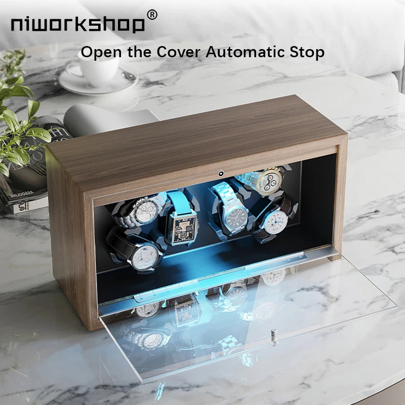 Automatic Watch Winder,6 Slots Wooden Watch Storage Cases with Quite Motor,LED Light,Flexible Pillows For MenAnd Women's Watches Brief Boxers