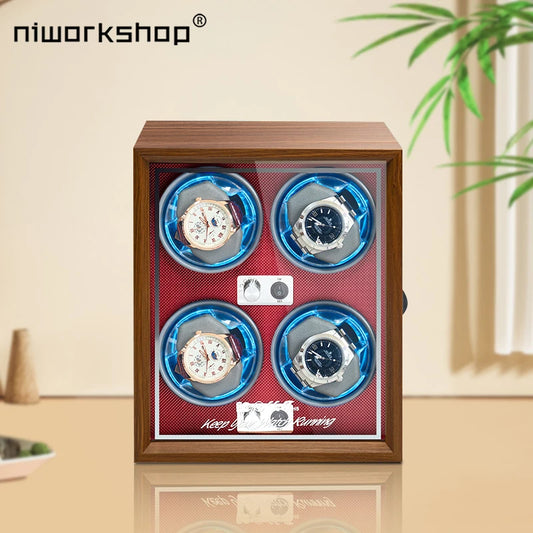 Niworkshop New Automatic Watch Winder,4 Slots Watch Storage Cases ,Wooden Watch Box with Quiet  Motor & Memory Foam Pad Brief Boxers