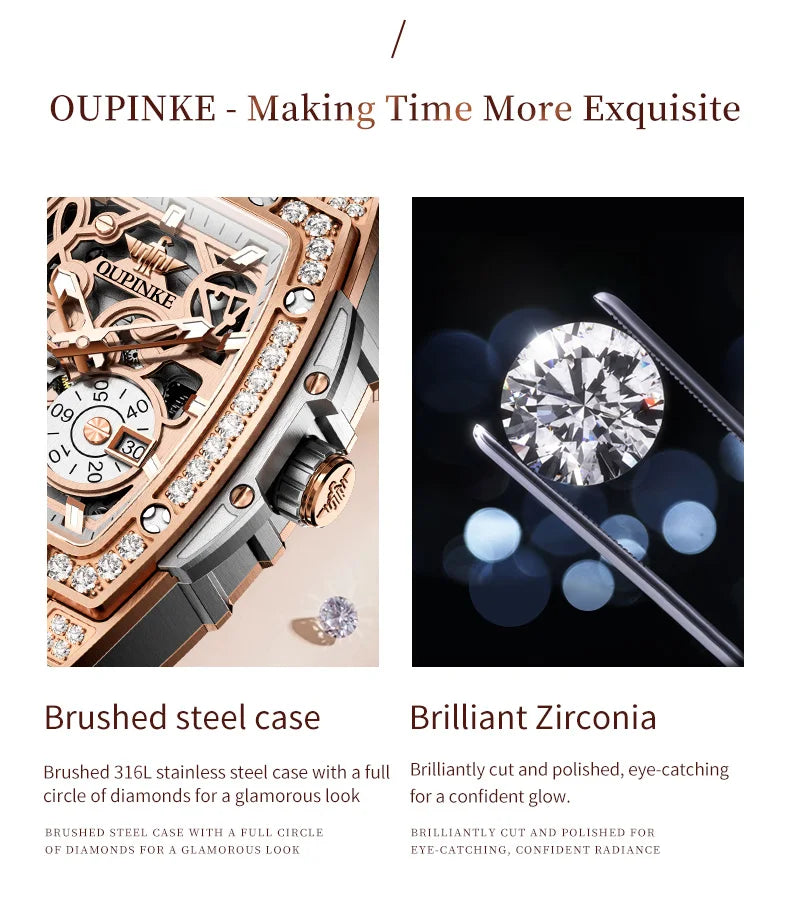 OUPINKE 3220 Flywheel Skeleton Mechanical Watch For Women Diamond Luxury Silicone Strap Wristwatch Sapphire Mirror Dress Watch Brief Boxers