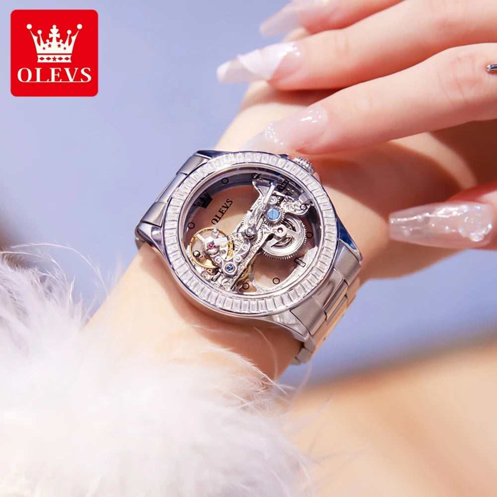 OLEVS 6699 Luxury Original Mechanical Watch For Women Hollow Skeleton Top Brand Wristwatch Waterproof Fashion Woman Watches 2024 Brief Boxers