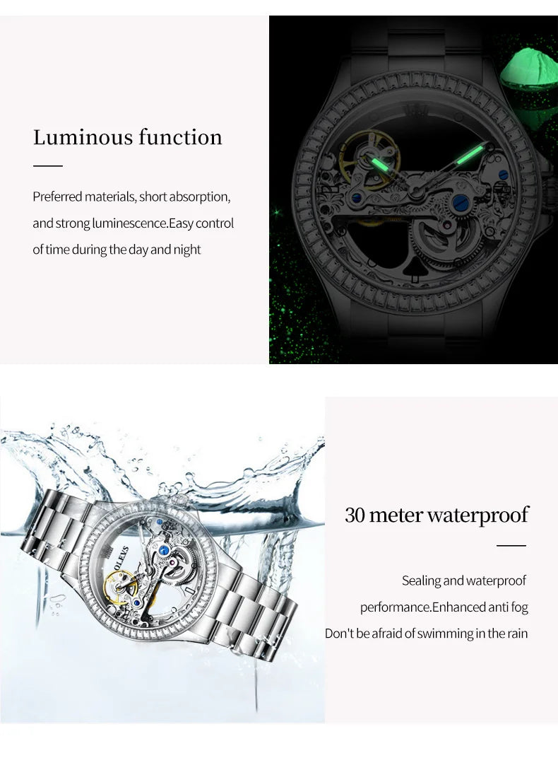 OLEVS 6699 Luxury Original Mechanical Watch For Women Hollow Skeleton Top Brand Wristwatch Waterproof Fashion Woman Watches 2024 Brief Boxers