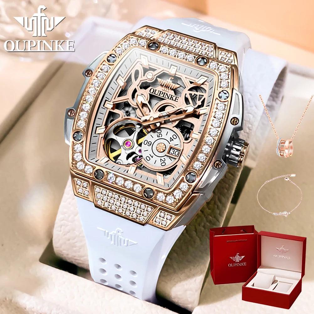 OUPINKE 3220 Flywheel Skeleton Mechanical Watch For Women Diamond Luxury Silicone Strap Wristwatch Sapphire Mirror Dress Watch Brief Boxers