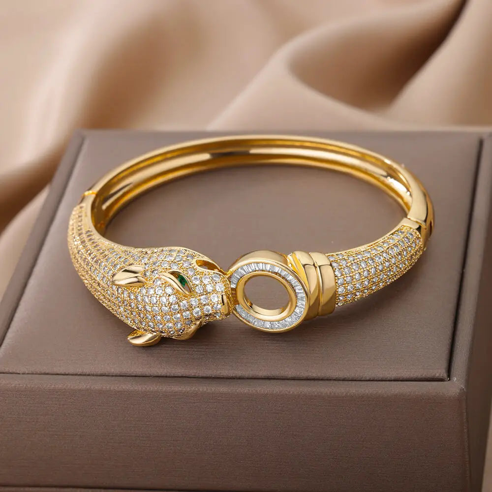 Cubic Zirconia Leopard Bangle Bracelet for Women Luxury Stainless Steel Bracelets Female Wedding Jewelry Valentines Day Gift Brief Boxers