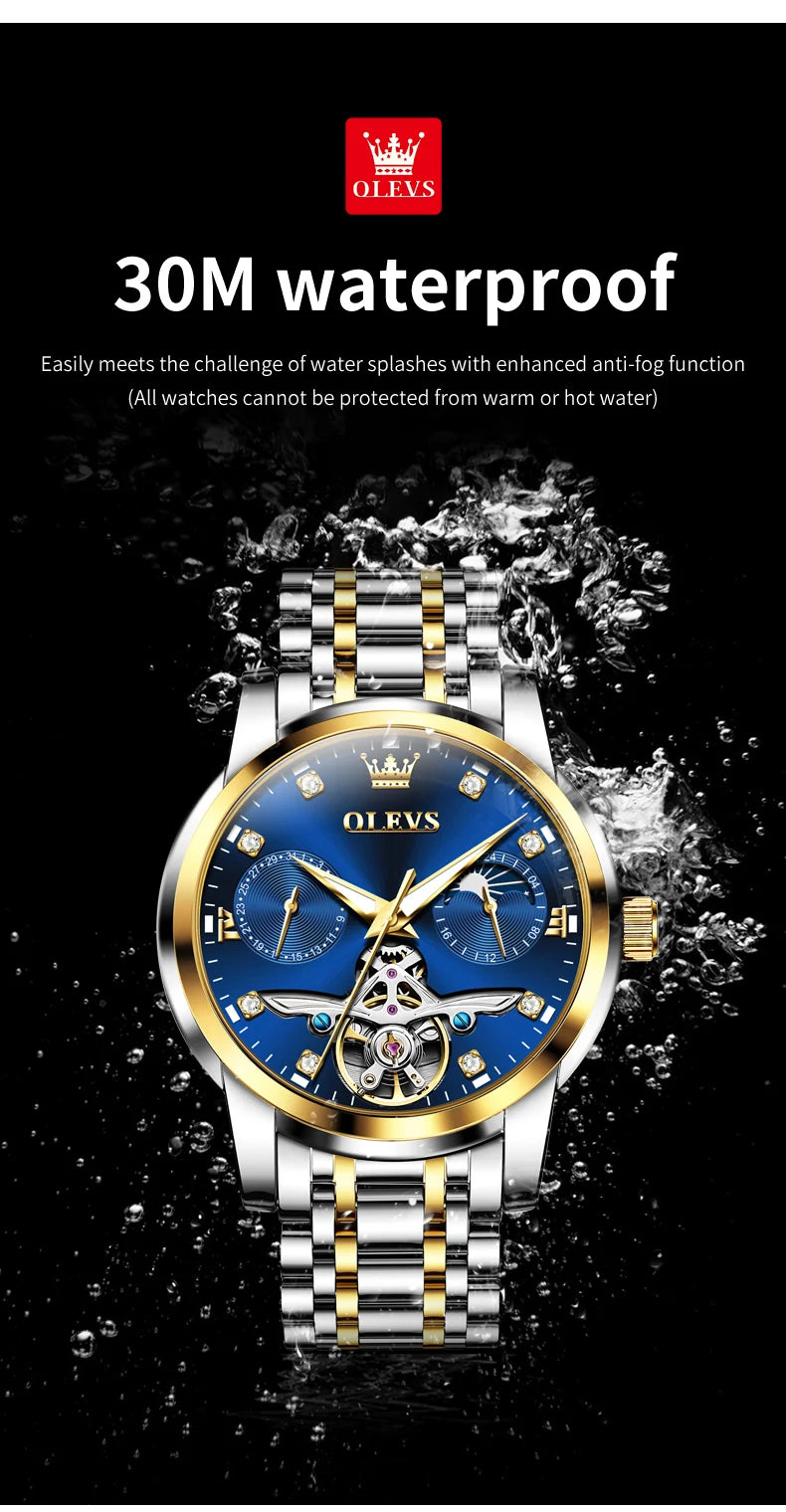 OLEVS 6703 Diamond Scale Luxury Mechanical Man Wristwatch Hollow Skeleton Luminous Waterproof Watch For Men Moon Phase Watches Brief Boxers