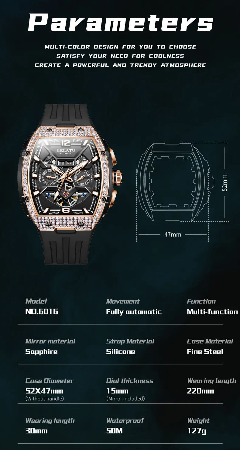 GELATU 6016 Diamond Hollow Man Mechanical Wristwatch Auto Date Deep Waterproof Watch For Men Luxury Silicone Strap Dress Watches Brief Boxers