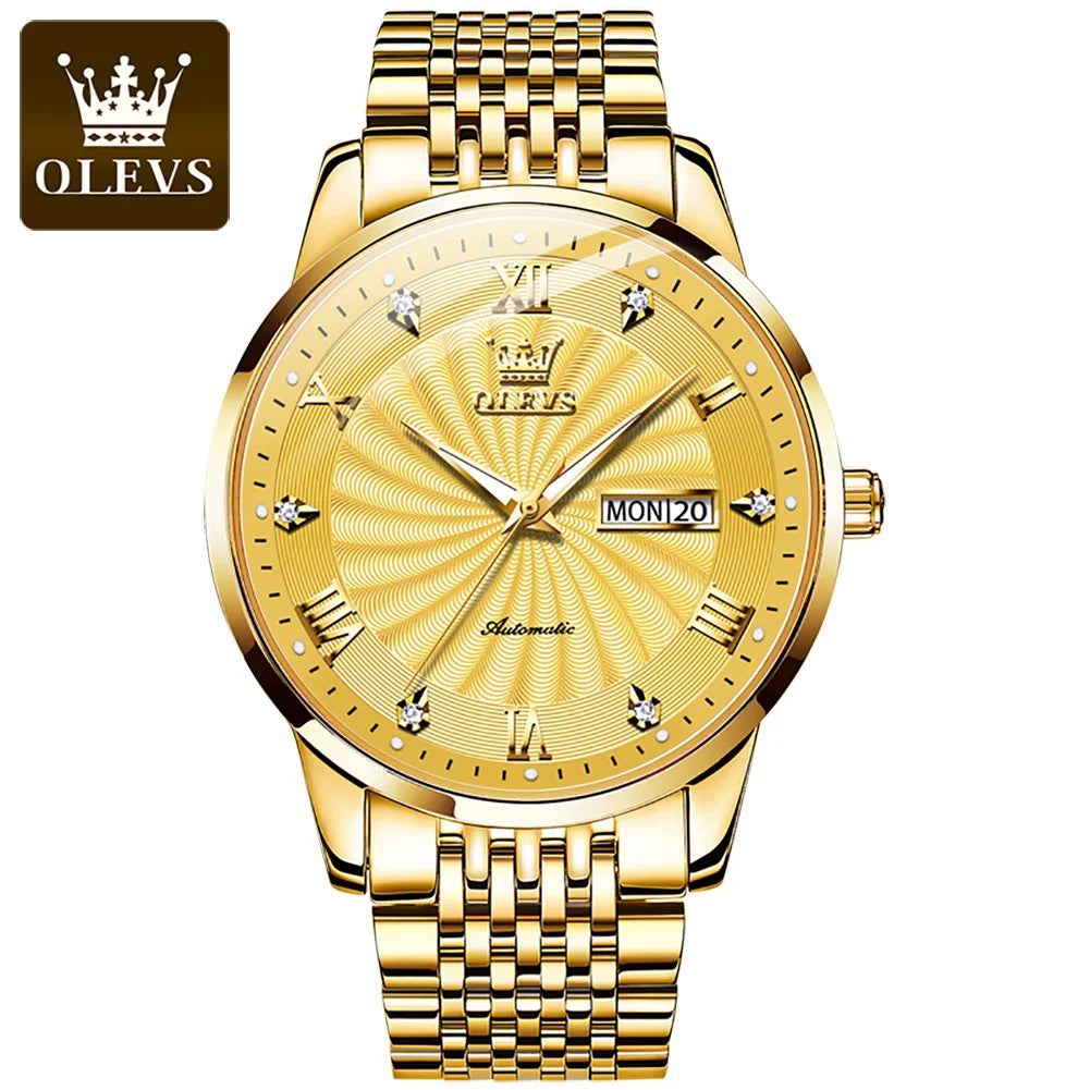 OLEVS 6630 Fashion Business Mechanical Watch For Men Dual Calendar Luminous Wristwatch Roman Scale Deep Waterproof Man Watches Brief Boxers