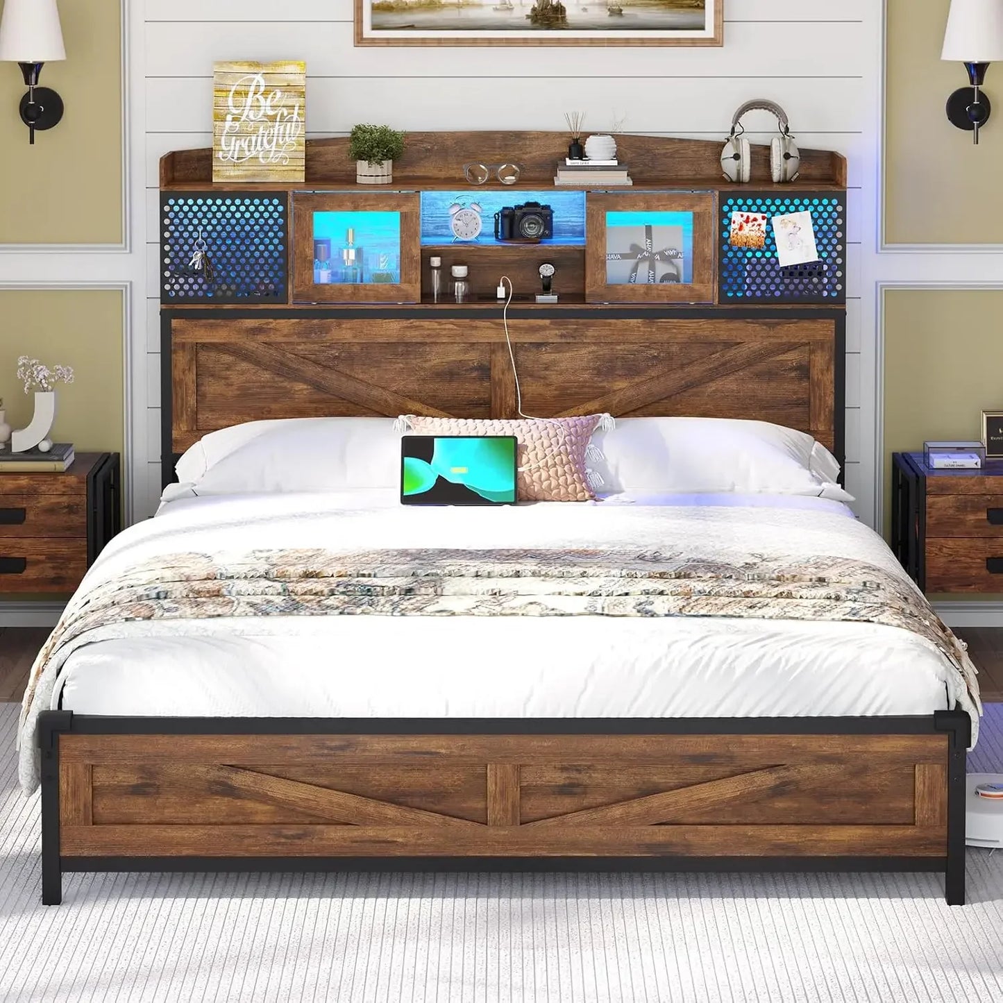 Bed Frame with Headboard Storage & Charging Station, LED Bed Frame Full/Queen/King Size with Shelves & Sliding Doors