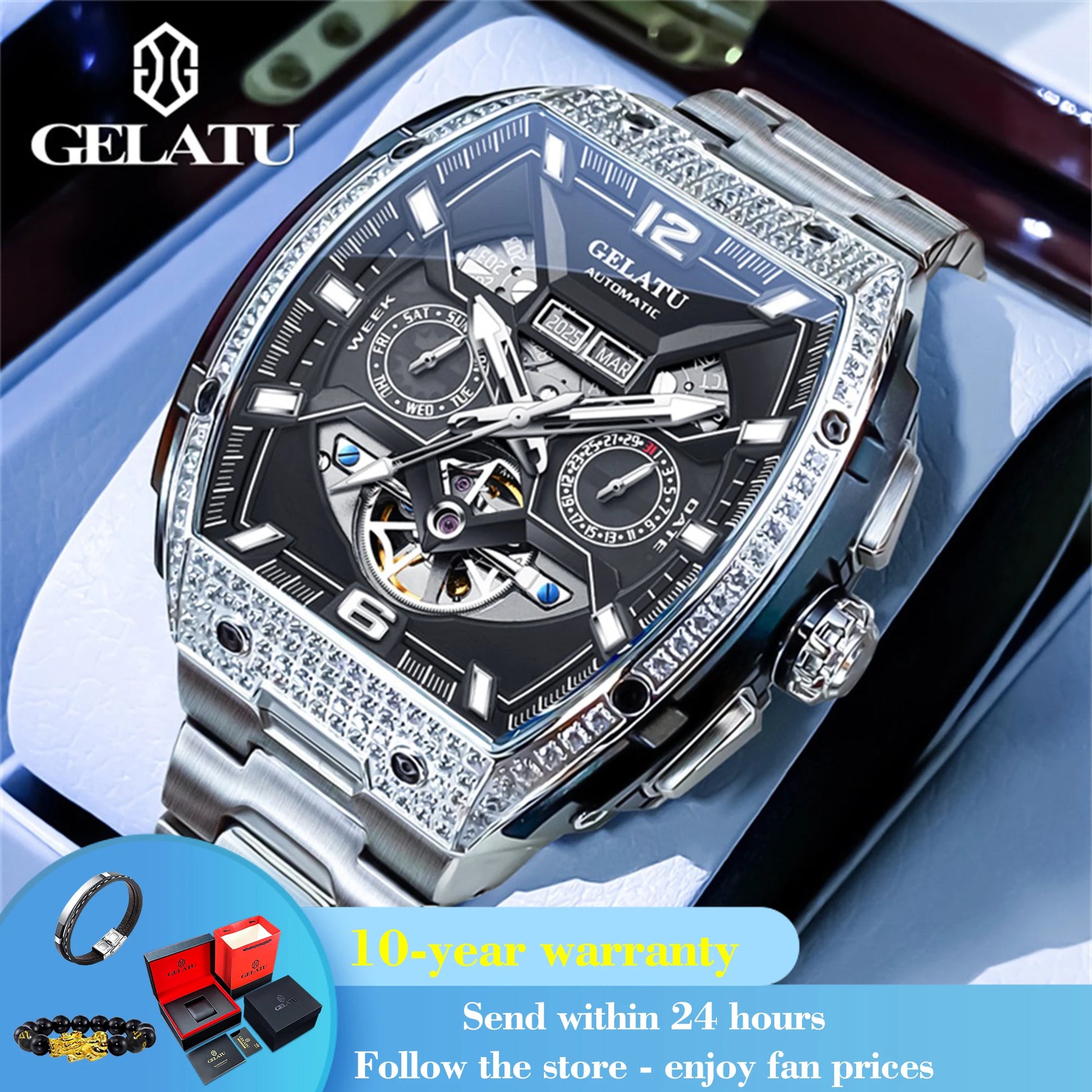 GELATU 6016 Business Mechanical Man Wristwatch Tonneau Big Dial Deep Waterproof Watch For Men Luminous Auto Date Hollow Watches Brief Boxers