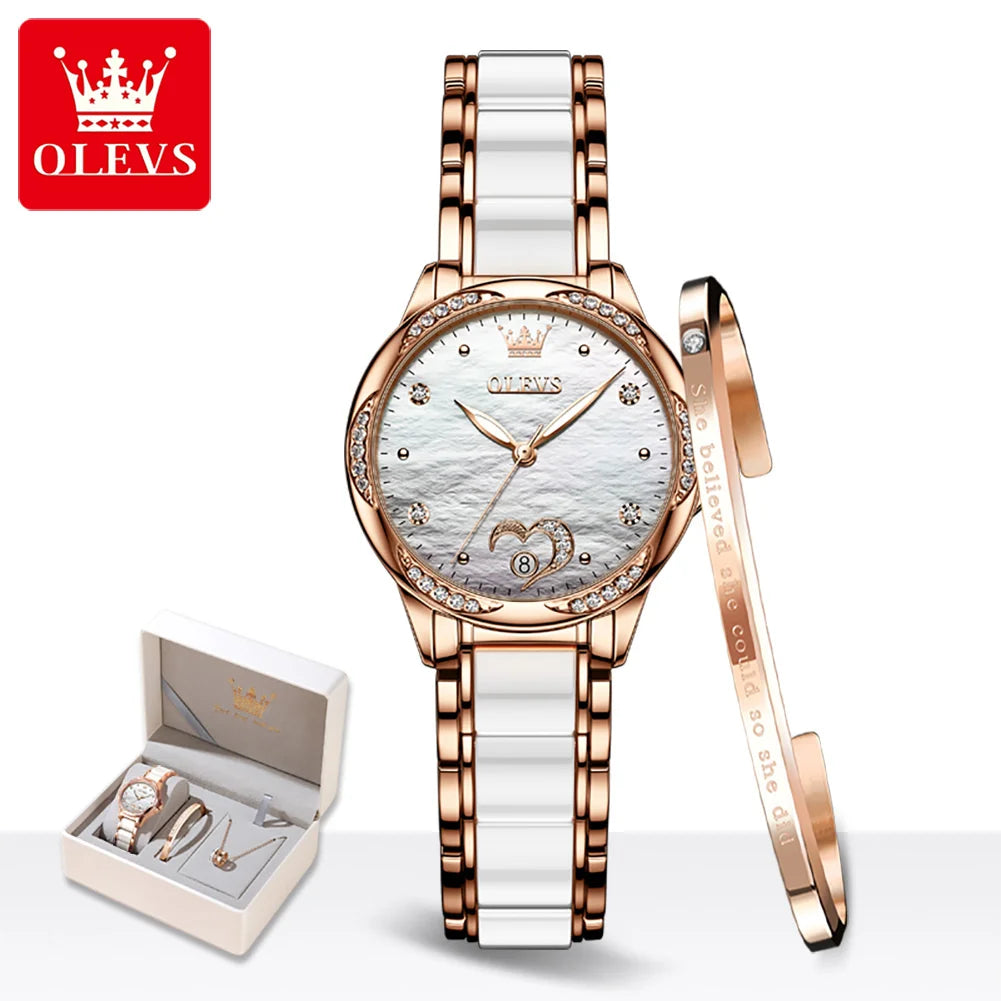 OLEVS 6631 Luxury Date Mechanical Watch For Women Original Ceramic Steel Strap Woman Wristwatch Deep Waterproof Dress Watches Brief Boxers