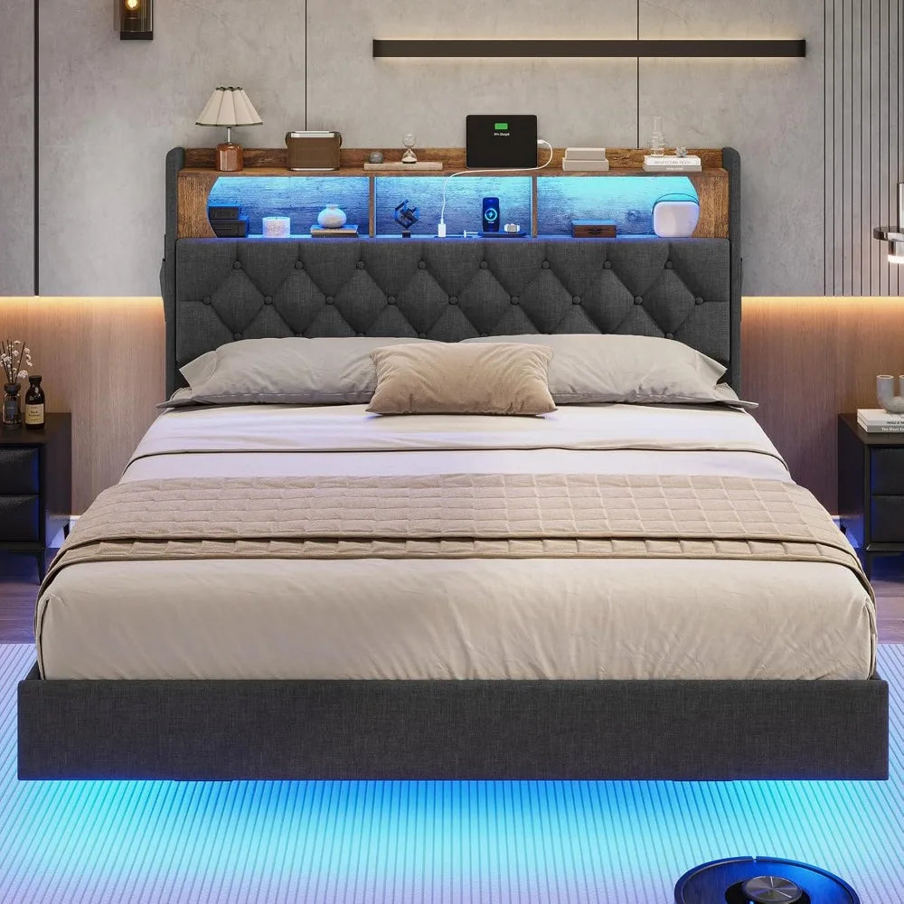 Floating Queen Bed Frame with LED Lights & Storage Headboard, Leather Upholstered Floating Platform Bed with Charging Station