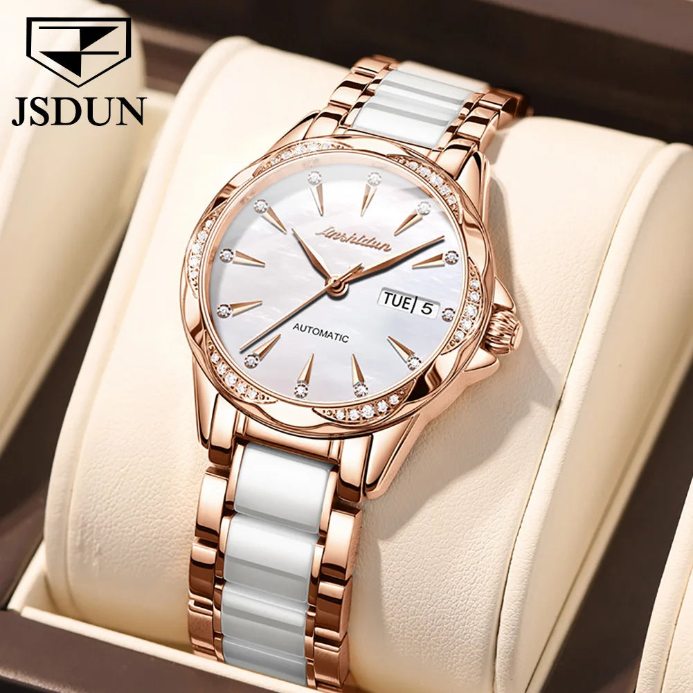 JSDUN 8821 Dual Calendar Mechanical Watch For Women Ceramic Steel Strap Luxury Wristwatch Sapphire Mirror Waterproof Woman Watch Brief Boxers