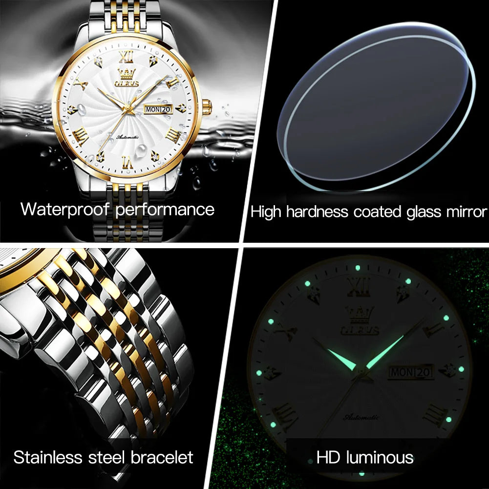 OLEVS 6630 Fashion Business Mechanical Watch For Men Dual Calendar Luminous Wristwatch Roman Scale Deep Waterproof Man Watches Brief Boxers