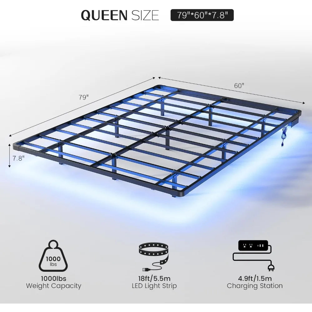 Floating Bed Frame Queen Size with Smart LED Lights and Charging Station - Modern Metal Platform Bed, Easy Assembly