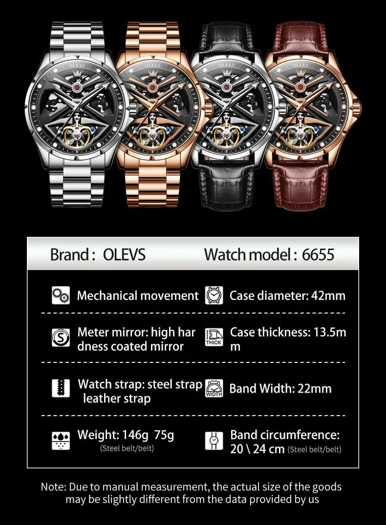 OLEVS 6655 Original Hollow Fashion Mechanical Watch For Men 42mm Big Dial Automatic Wristwatch Waterproof Luminous Dress Watches Brief Boxers