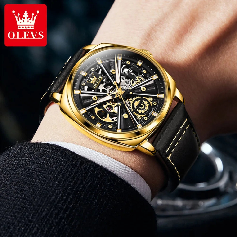 OLEVS 6685 Luxury Automatic Dress Wristwatch Hollow Skeleton Mechanical Watch For Men Waterproof Luminous Leather Man Watch 2024 Brief Boxers