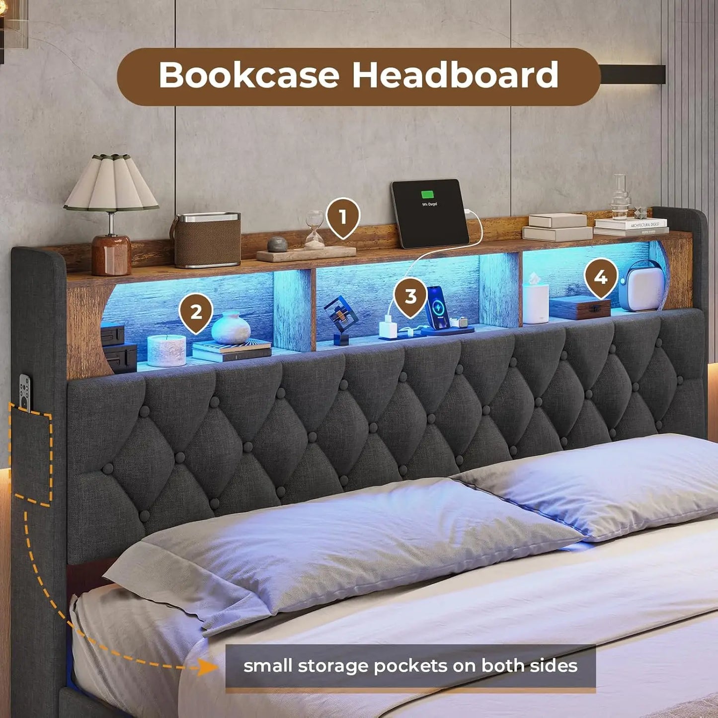 Floating Bed Frame, Floating Platform Bed with Charging Station with LED Lights & Storage Headboard, Modern LED Floating Bed