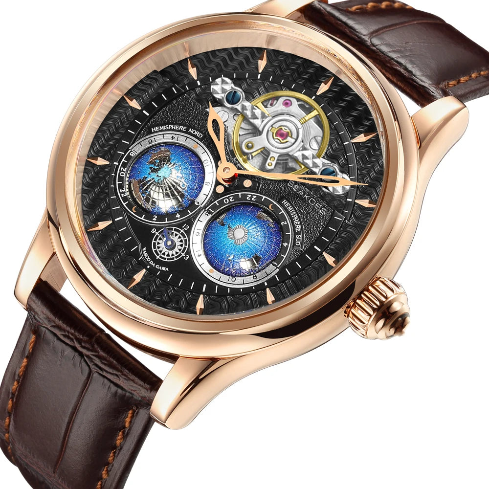 SEAKOSS 3D Luxury Double Earth Rotating Men's Mechanical Watch Automatic Movement Waterproof Clock Pilots Men 1963 Watches