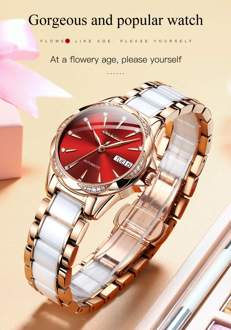 JSDUN 8821 Dual Calendar Mechanical Watch For Women Ceramic Steel Strap Luxury Wristwatch Sapphire Mirror Waterproof Woman Watch Brief Boxers