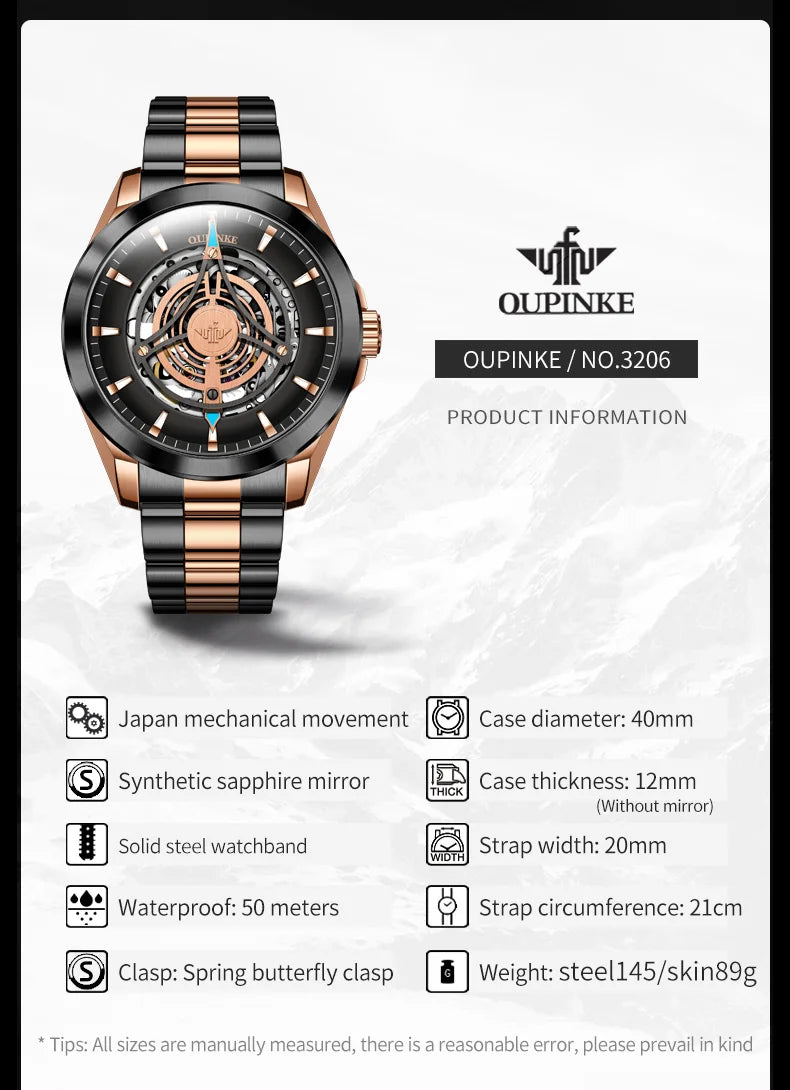 OUPINKE 3206 Top Brand Hollow Mechanical Watch For Men Synthetic Sapphire Mirror Waterproof Wristwatch Luxury Business Watches Brief Boxers